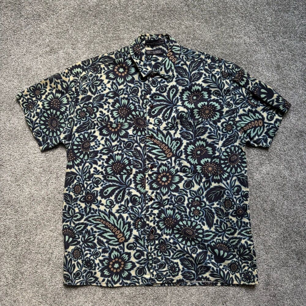 Generra Reserve Button Shirt Blue Floral Men's Abstract Vintage Short Sleeve